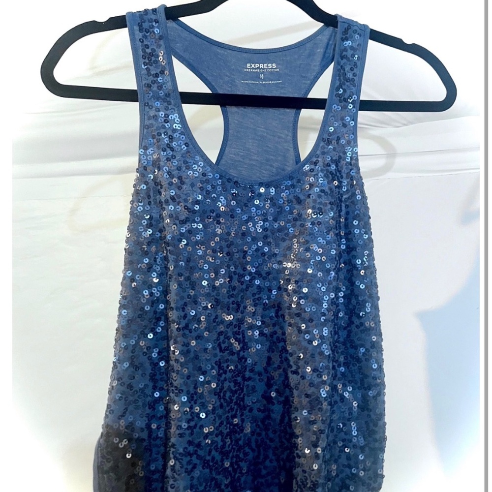 Express Women's Top Sequin Dreamweight Cotton Razorback Blue Size XS